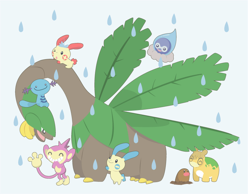 wooper, plusle, minun, diglett, aipom, and 4 more (pokemon) drawn by miu_(pixiv358902)
