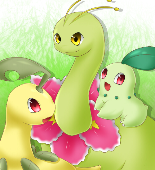 chikorita, meganium, and bayleef (pokemon) drawn by hazuki_(sutasuta)