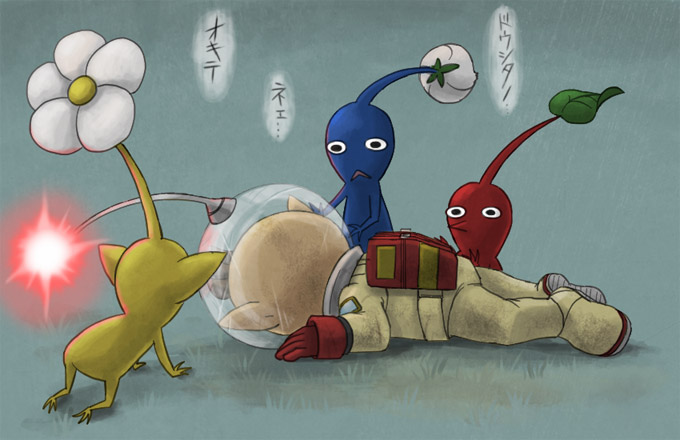 red pikmin, olimar, yellow pikmin, and blue pikmin (pikmin) drawn by naru_(wish_field)
