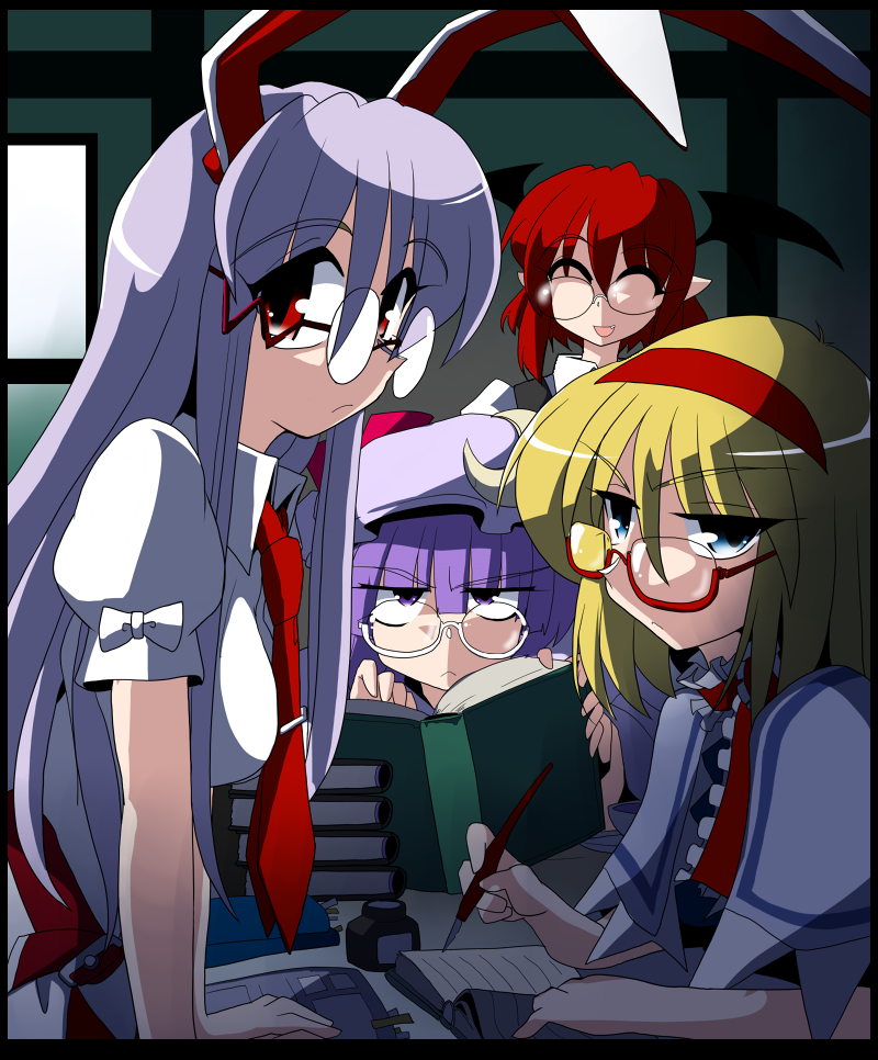 alice margatroid, patchouli knowledge, reisen udongein inaba, and koakuma (touhou) drawn by kieyza