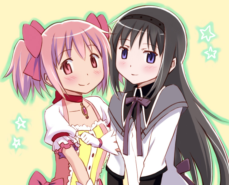 akemi homura and kaname madoka (mahou shoujo madoka magica) drawn by ayukko_(forest_village)