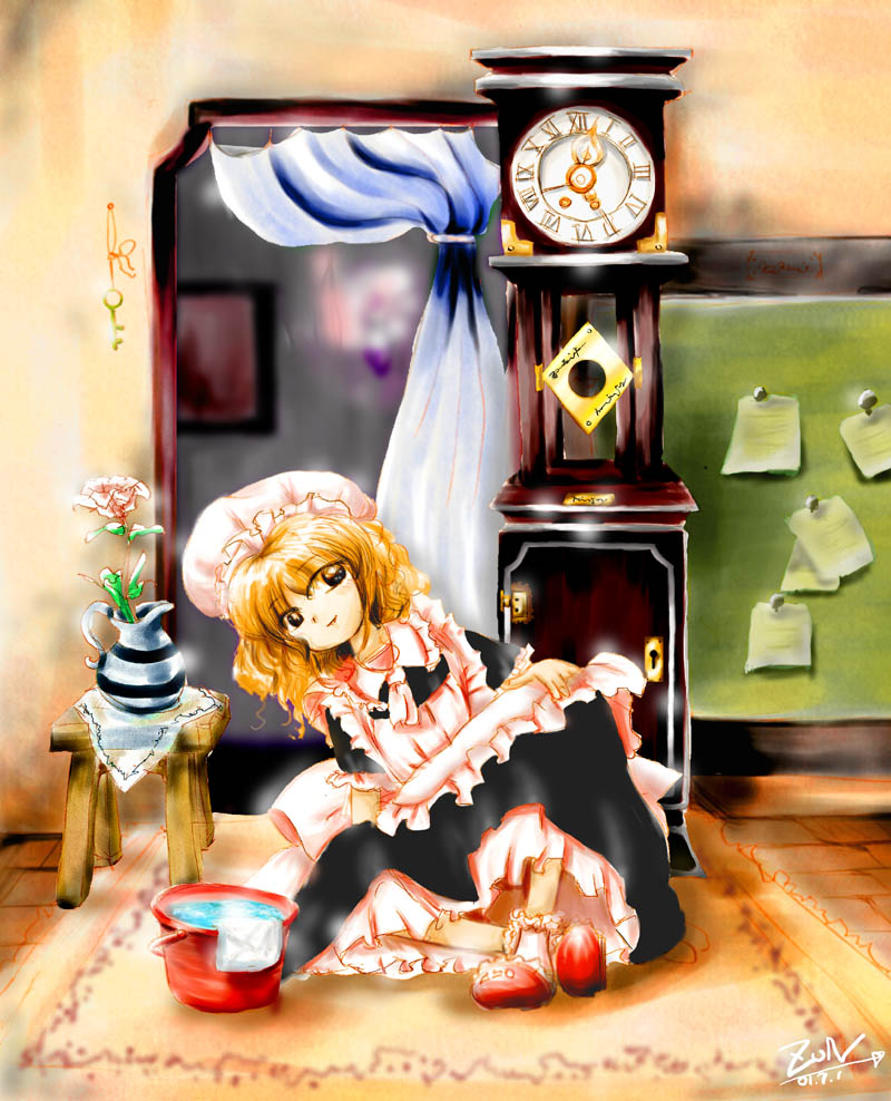 cleaning maid (touhou and 1 more) drawn by zun_(artist)
