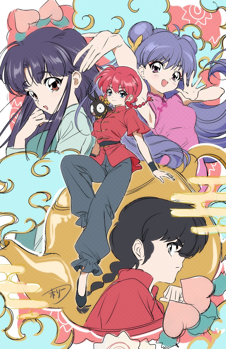 ranma-chan, shampoo, tendou akane, saotome ranma, and p-chan (ranma 1/2) drawn by kaze-hime