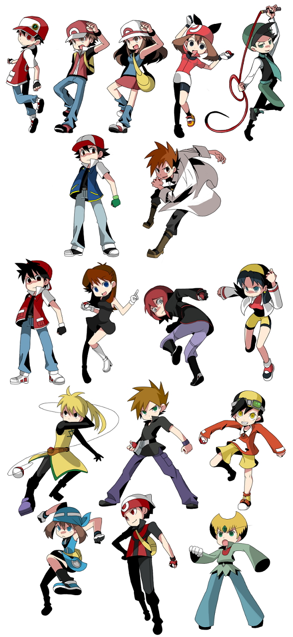 may, ash ketchum, red, ethan, blue oak, and 9 more (pokemon and 6 more) drawn by tanba_(tanba-art)