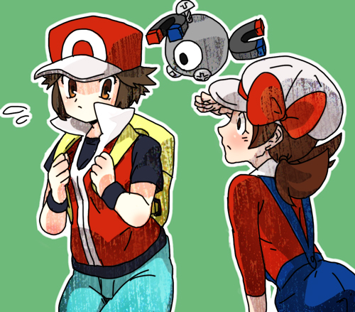 red, leaf, lyra, and magnemite (pokemon and 2 more) drawn by orange_tamago