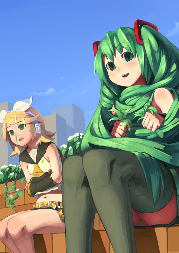 hatsune miku and kagamine rin (vocaloid) drawn by pon_(flying_ponpon)