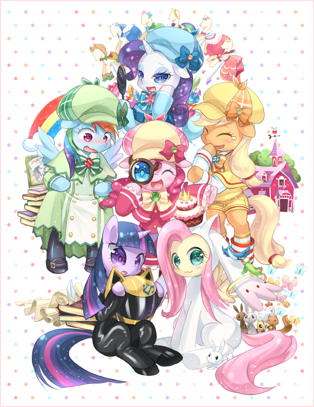 kyubey, twilight sparkle, fluttershy, rainbow dash, pinkie pie, and 14 more (mahou shoujo madoka magica and 4 more) drawn by tsuruki_noki