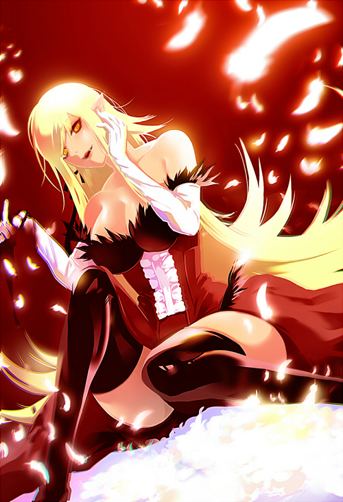 oshino shinobu and kiss-shot acerola-orion heart-under-blade (monogatari) drawn by haru12saku4733