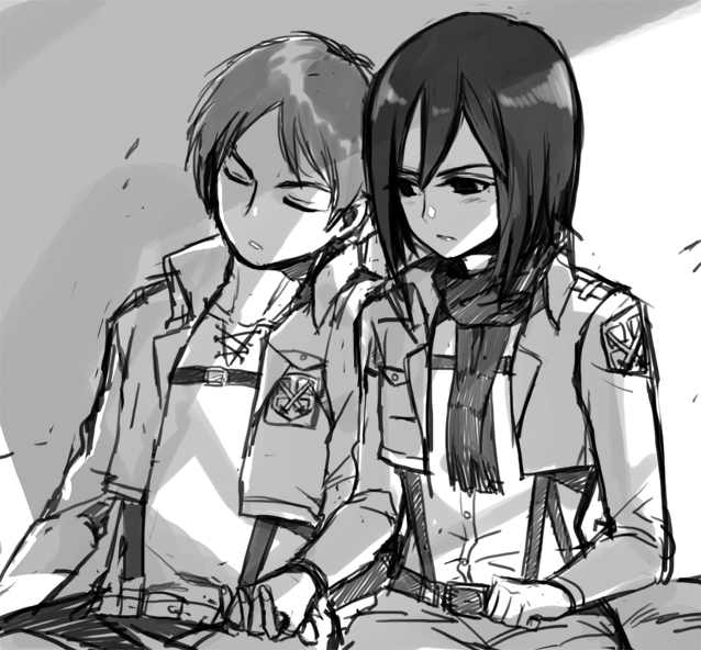 mikasa ackerman and eren yeager (shingeki no kyojin) drawn by rushi_(bloodc)