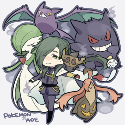gardevoir, gengar, crobat, chimecho, phantump, and 2 more (pokemon and 1 more) drawn by saku_anna