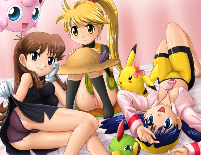 pikachu, jigglypuff, kris, green, yellow, and 2 more (pokemon and 1 more) drawn by pokemoa
