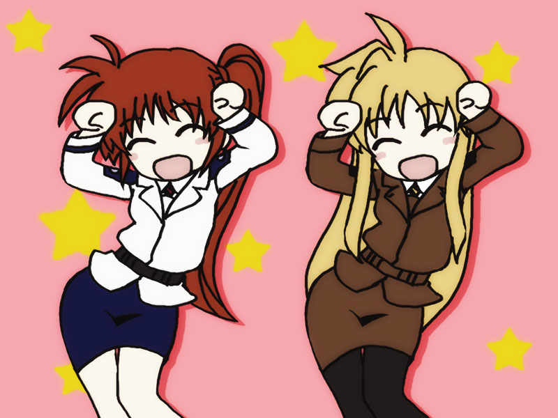 fate testarossa and takamachi nanoha (lyrical nanoha and 1 more) drawn by pechetan