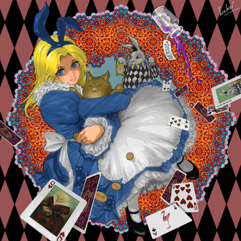 alice, white rabbit, and cheshire cat (alice's adventures in wonderland) drawn by luke_uehara