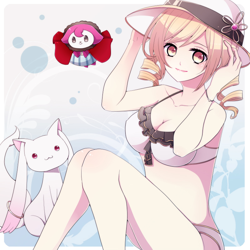 tomoe mami, kyubey, and charlotte (mahou shoujo madoka magica) drawn by aki_(chromaticclip)