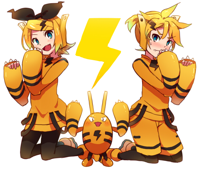kagamine rin, kagamine len, and elekid (pokemon and 1 more) drawn by reki_(arequa)