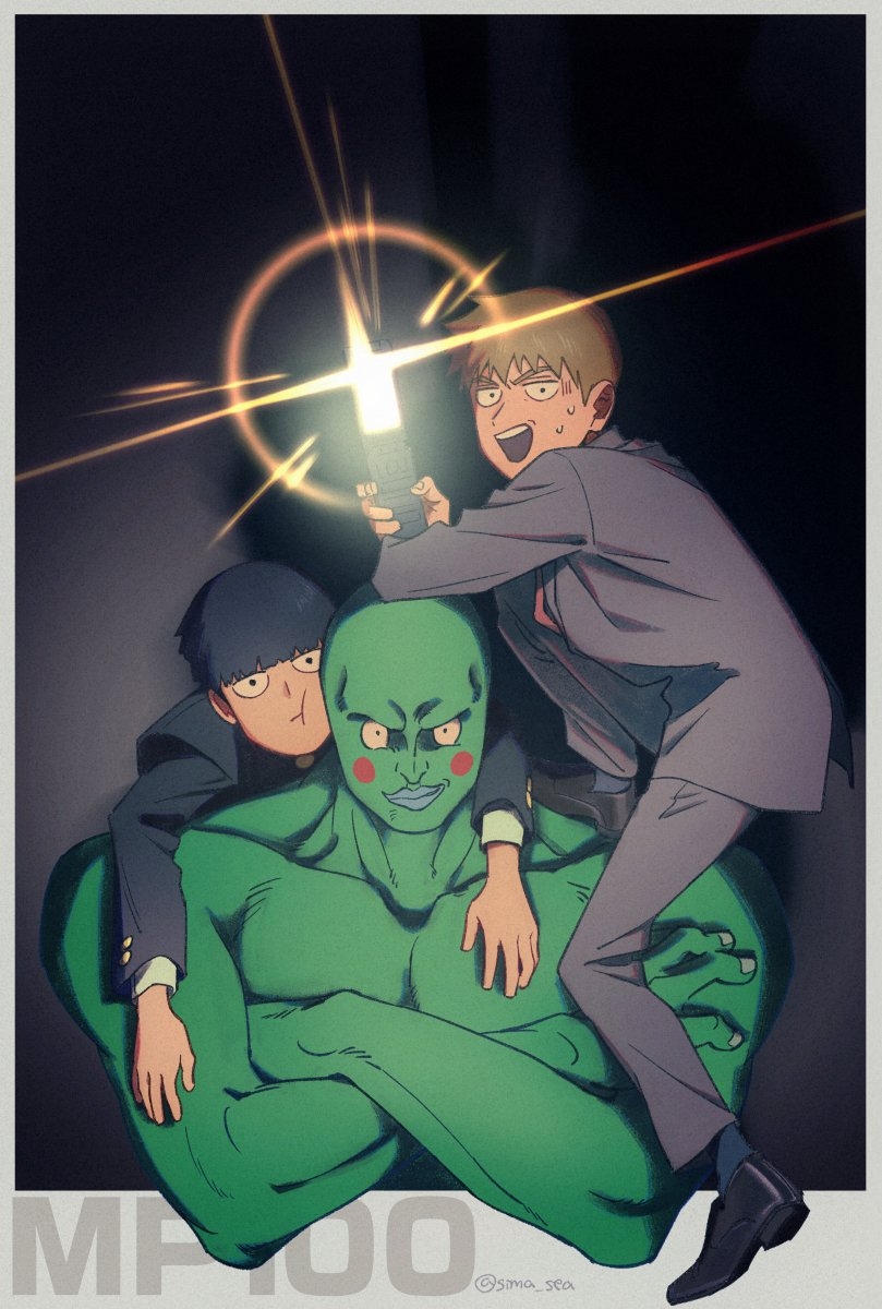 kageyama shigeo, reigen arataka, and ekubo (mob psycho 100) drawn by sima_sea