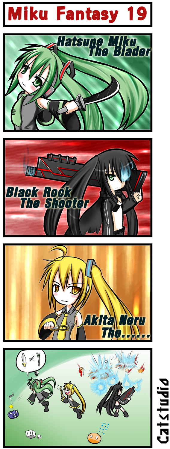 hatsune miku, black rock shooter, and akita neru (vocaloid and 1 more) drawn by catstudioinc_(punepuni)