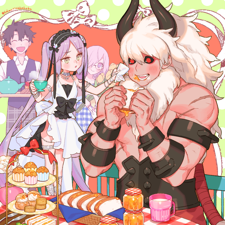 mash kyrielight, fujimaru ritsuka, euryale, and asterios (fate and 1 more) drawn by sara_(kurome1127)
