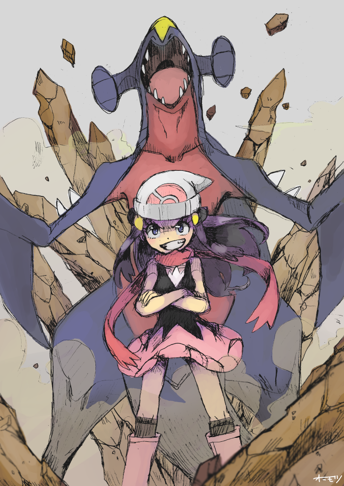dawn and garchomp (pokemon and 1 more) drawn by onimotsu_matarou