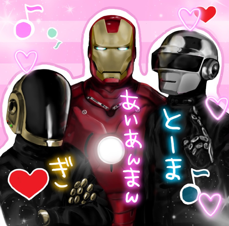 tony stark, iron man, thomas bangalter, and guy-manuel de homem-christo (marvel and 1 more) drawn by risa_(rottencandy)