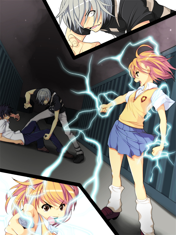 misaka mikoto, kamijou touma, and accelerator (toaru majutsu no index and 3 more) drawn by koflif