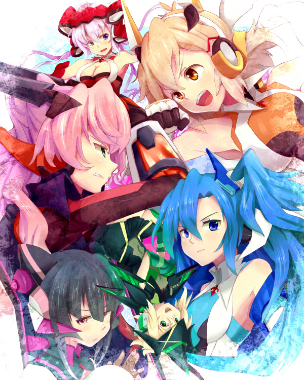 yukine chris, tachibana hibiki, akatsuki kirika, tsukuyomi shirabe, kazanari tsubasa, and 1 more (senki zesshou symphogear) drawn by yude