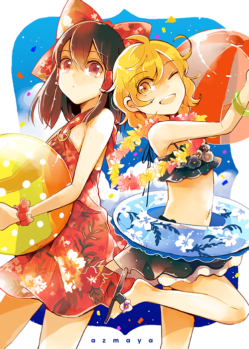 hakurei reimu and kirisame marisa (touhou) drawn by azuma_aya