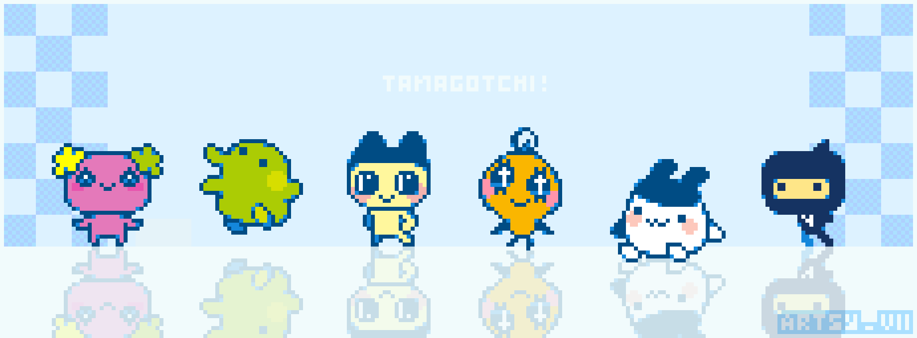 mametchi, kuchipatchi, mimitchi, memetchi, flowertchi, and 1 more (tamagotchi and 1 more) drawn by artsy_vii