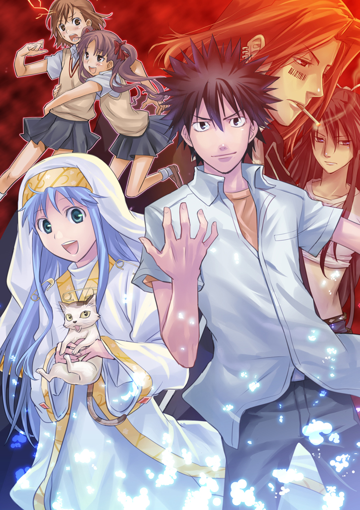 misaka mikoto, shirai kuroko, kamijou touma, index, kanzaki kaori, and 2 more (toaru majutsu no index and 1 more) drawn by hikiyama_towa