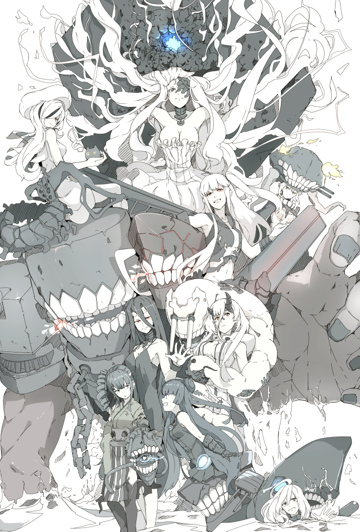 wo-class aircraft carrier, battleship princess, aircraft carrier princess, light cruiser oni, heavy cruiser princess, and 4 more (kantai collection) drawn by ninimo_nimo
