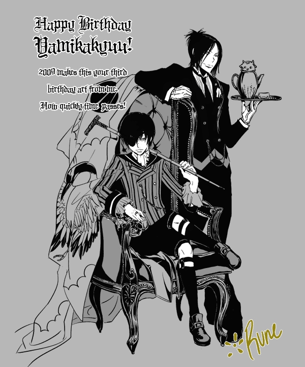 ciel phantomhive, sebastian michaelis, rokudou mukuro, and hibari kyouya (katekyo hitman reborn! and 1 more) drawn by runesque