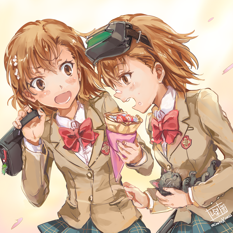 misaka mikoto, gekota, misaka imouto, misaka imouto 10032's cat, and misaka imouto 10032 (toaru majutsu no index and 2 more) drawn by ha_neko