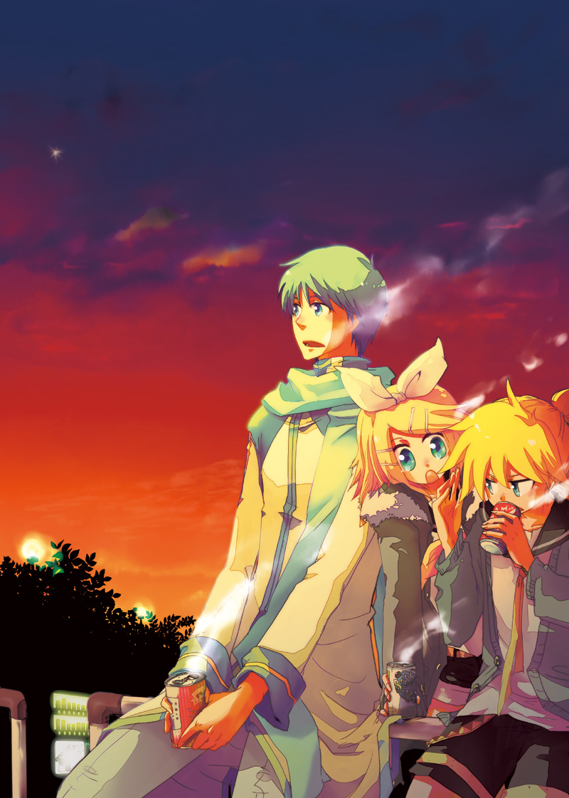 kagamine rin, kagamine len, and kaito (vocaloid) drawn by matsu_(nia)