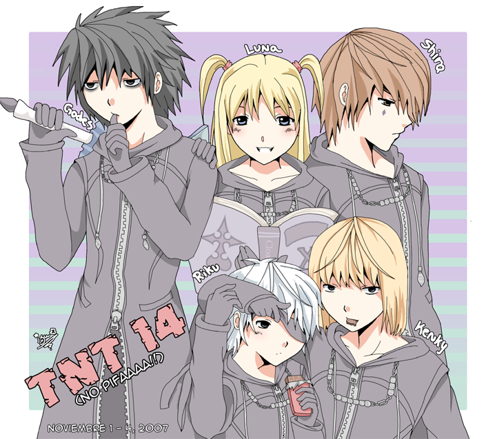 yagami light, l, riku, amane misa, axel, and 4 more (kingdom hearts and 1 more) drawn by akayashi