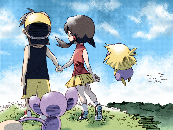 ethan, kris, aipom, and smoochum (pokemon and 1 more) drawn by atom_(@tom)