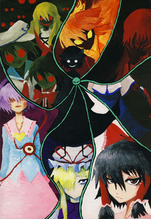 hakurei reimu, komeiji koishi, kochiya sanae, yakumo yukari, fujiwara no mokou, and 5 more (touhou and 1 more) drawn by am24