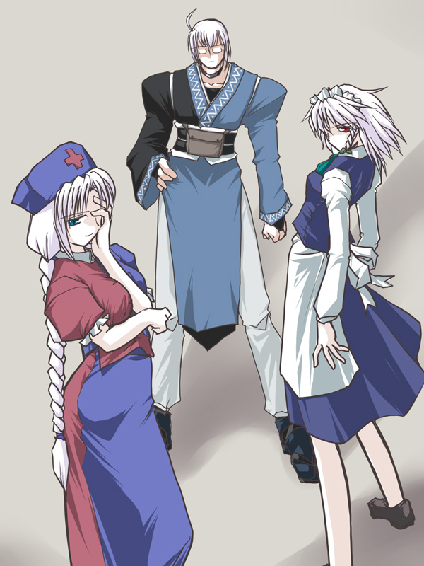 izayoi sakuya, yagokoro eirin, and morichika rinnosuke (touhou) drawn by yuzukineko