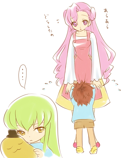c.c., kururugi suzaku, euphemia li britannia, and cheese-kun (code geass and 1 more) drawn by mizunomoto
