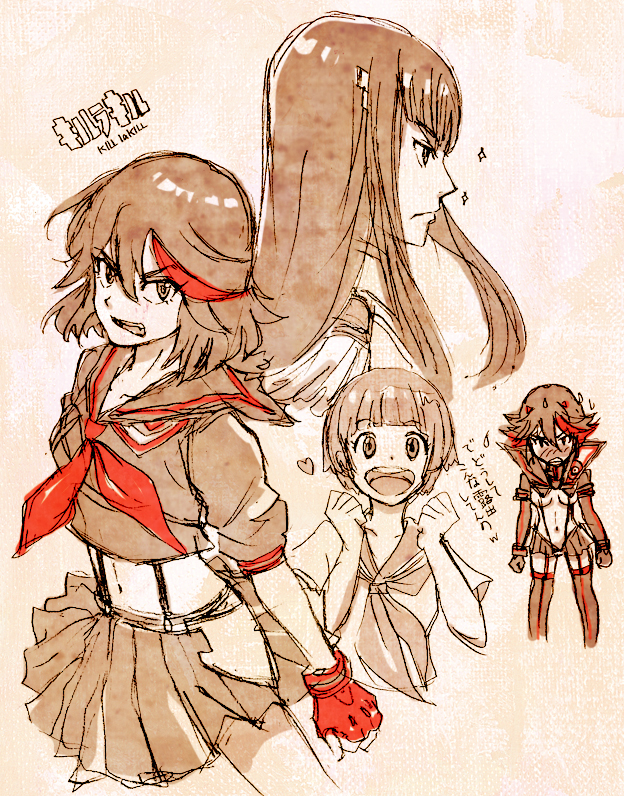 matoi ryuuko, senketsu, kiryuuin satsuki, mankanshoku mako, and junketsu (kill la kill) drawn by ebikichi