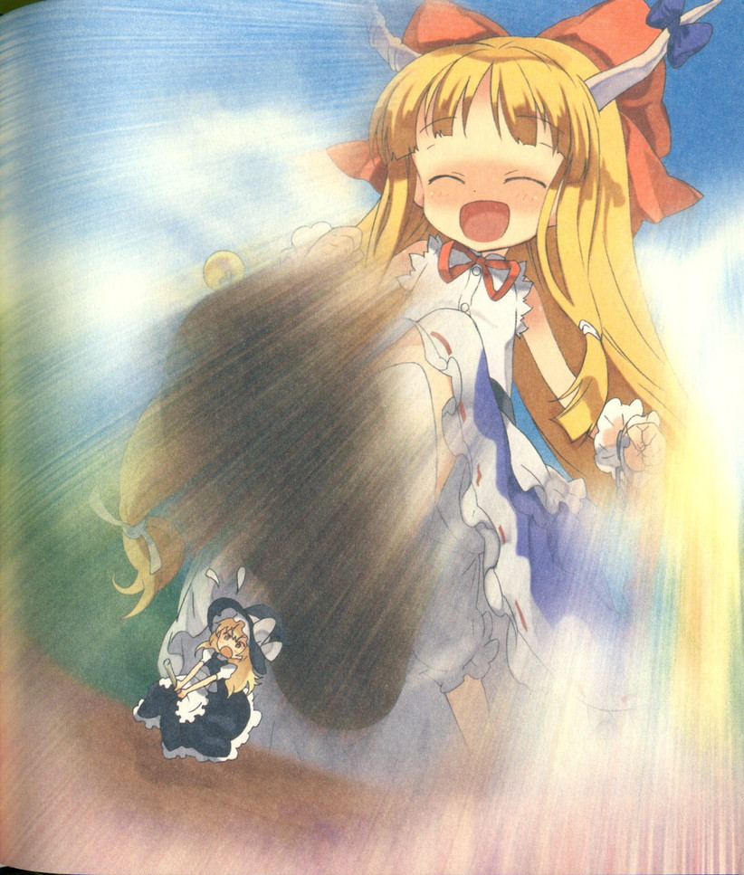 kirisame marisa and ibuki suika (touhou) drawn by moriki_takeshi