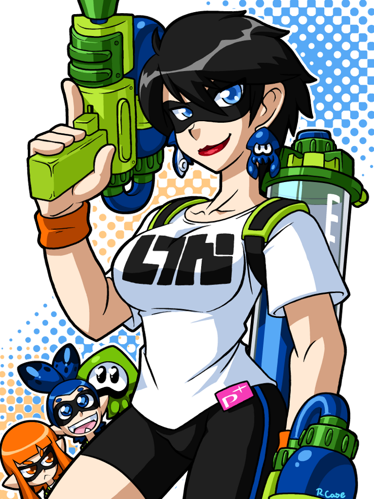 inkling player character, inkling girl, inkling boy, and bayonetta (splatoon and 4 more) drawn by robert_j_case