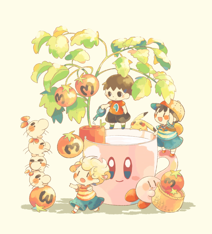 pikachu, kirby, ness, lucas, villager, and 1 more (pokemon and 6 more) drawn by hitofutarai
