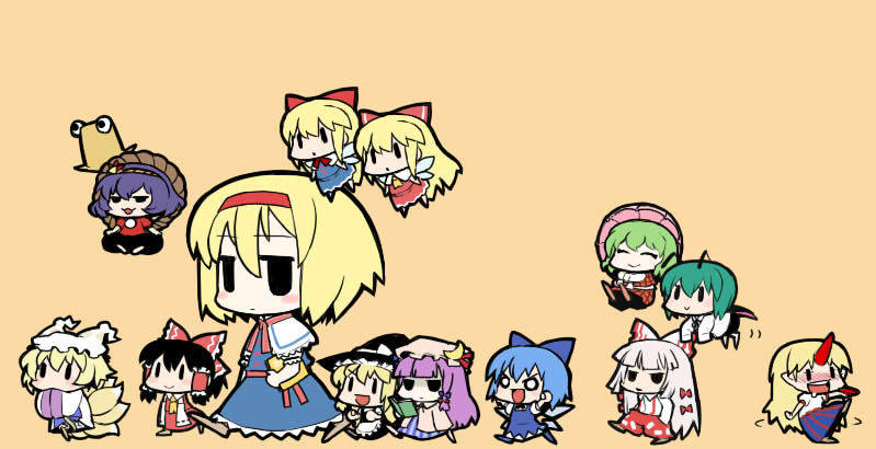 hakurei reimu, kirisame marisa, alice margatroid, cirno, patchouli knowledge, and 9 more (touhou) drawn by ume_(noraneko)