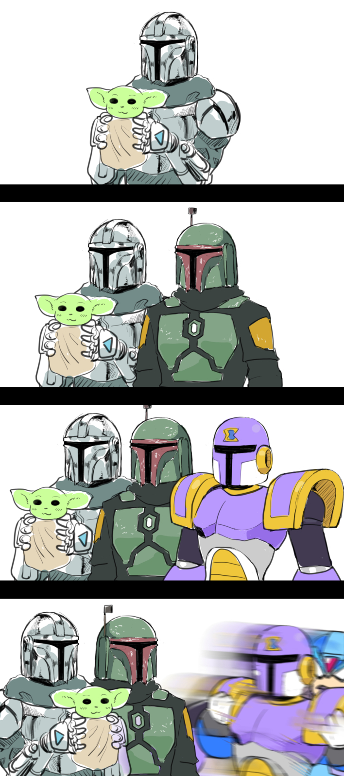 x, vile, grogu, din djarin, and boba fett (mega man and 3 more) drawn by nukokoko