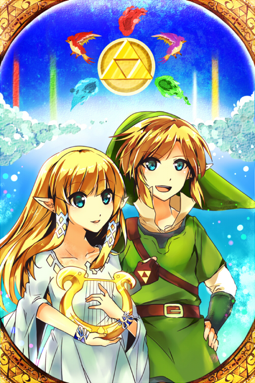 link and princess zelda (the legend of zelda and 1 more) drawn by akamomo