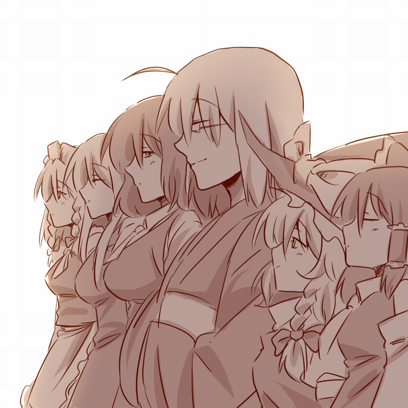 hakurei reimu, kirisame marisa, izayoi sakuya, kazami yuuka, kamishirasawa keine, and 1 more (touhou) drawn by amazon_(taitaitaira)