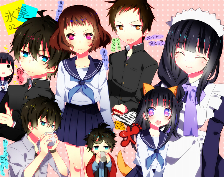 chitanda eru, oreki houtarou, ibara mayaka, and fukube satoshi (hyouka) drawn by lotton