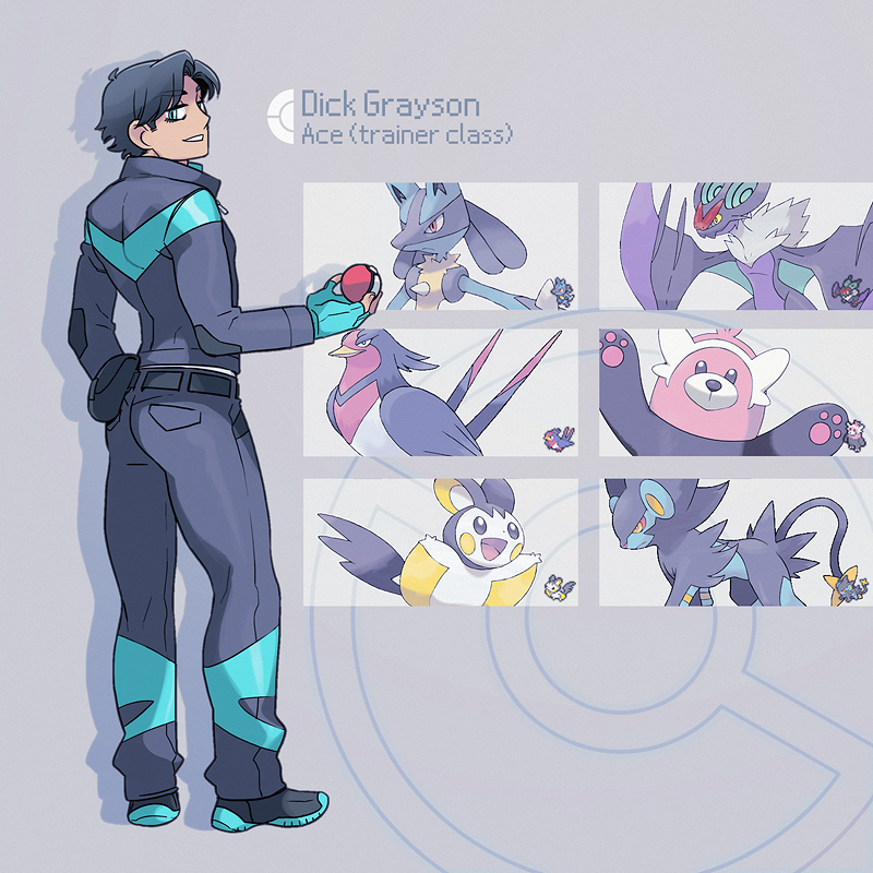 lucario, emolga, luxray, ace trainer, dick grayson, and 3 more (pokemon and 2 more) drawn by fishtre