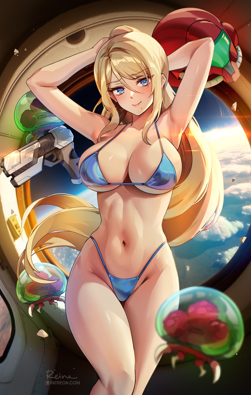samus aran, metroid, and metroid larva (metroid) drawn by foxyreine