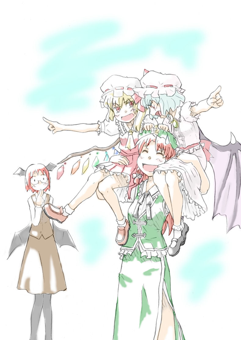 remilia scarlet, flandre scarlet, hong meiling, and koakuma (touhou) drawn by sg-voodoo